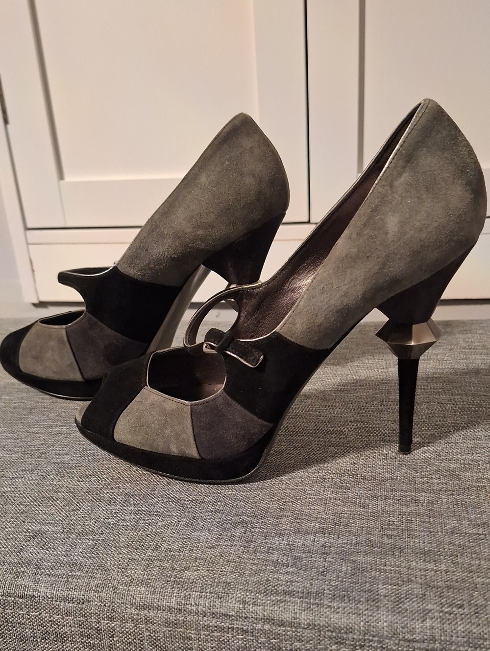 Miu Miu Two-Tone Grey and Black Suede High Heel Pumps with Ring Accent